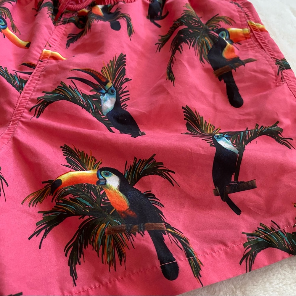 Pink tucan print mini workout shorts / swim trunks. Best fits Small. - Picture 2 of 10